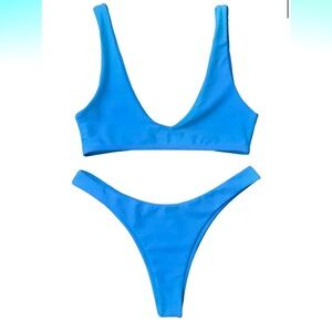Blue high cut scoop bikini